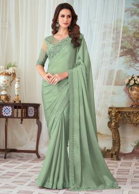 Green glorious silk embroidery party wear saree with blouse 1