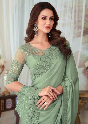 Green glorious silk embroidery party wear saree with blouse 2