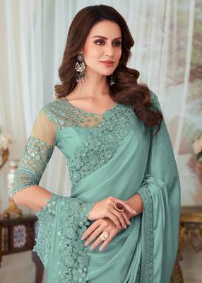 Sky blue glorious silk embroidery party wear saree with blouse 2