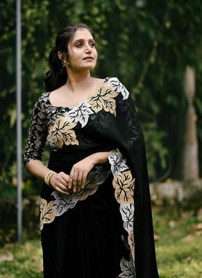 Black Color Satin Chiffon Saree 1