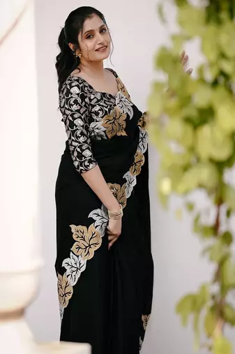 Black Color Satin Chiffon Saree