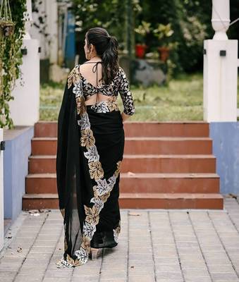 Black Color Satin Chiffon Saree 3