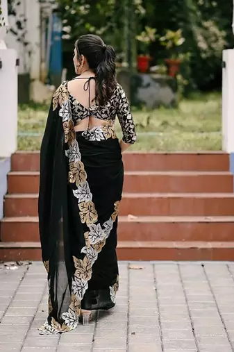 Black Color Satin Chiffon Saree