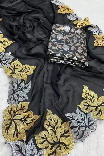 Black Color Satin Chiffon Saree