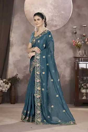  Teal Color Gold Crunchy Embroidery work Saree