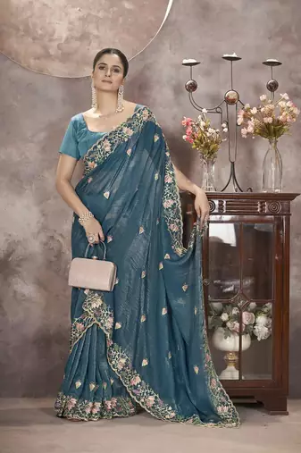  Teal Color Gold Crunchy Embroidery work Saree