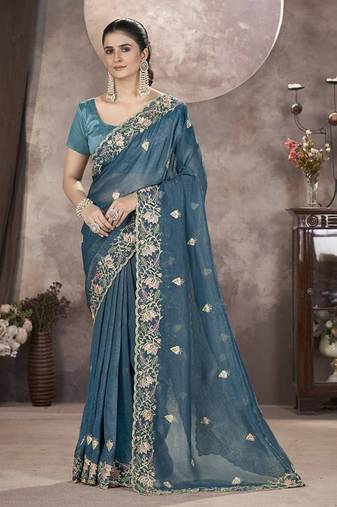  Teal Color Gold Crunchy Embroidery work Saree
