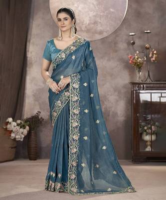  Teal Color Gold Crunchy Embroidery work Saree 1