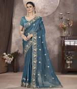  Teal Color Gold Crunchy Embroidery work Saree