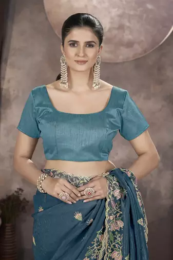  Teal Color Gold Crunchy Embroidery work Saree