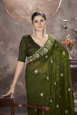  Mehndi Color Gold Crunchy Embroidery work Saree 1