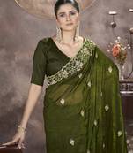  Mehndi Color Gold Crunchy Embroidery work Saree