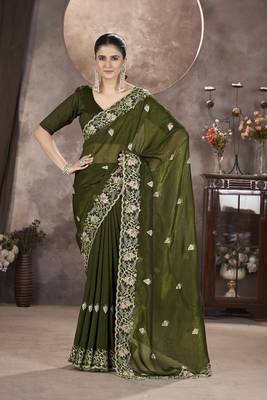  Mehndi Color Gold Crunchy Embroidery work Saree 2