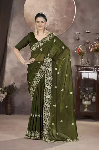  Mehndi Color Gold Crunchy Embroidery work Saree