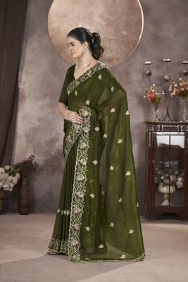  Mehndi Color Gold Crunchy Embroidery work Saree 3