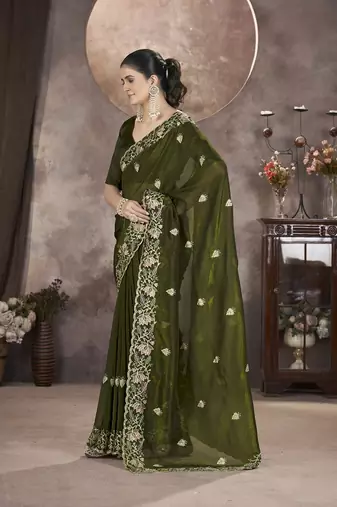  Mehndi Color Gold Crunchy Embroidery work Saree