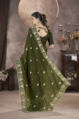  Mehndi Color Gold Crunchy Embroidery work Saree 4