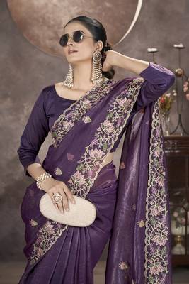  Lavender Color Gold Crunchy Embroidery work Saree 2