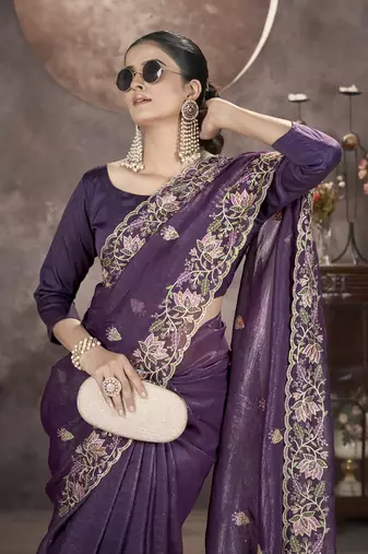  Lavender Color Gold Crunchy Embroidery work Saree