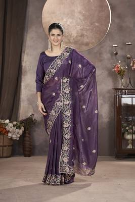  Lavender Color Gold Crunchy Embroidery work Saree 1