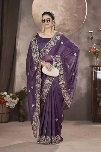  Lavender Color Gold Crunchy Embroidery work Saree