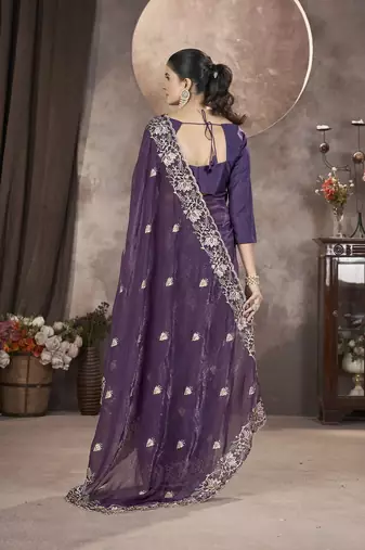  Lavender Color Gold Crunchy Embroidery work Saree
