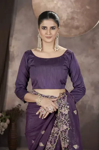  Lavender Color Gold Crunchy Embroidery work Saree