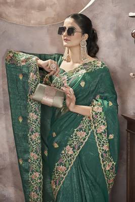  Green Color Gold Crunchy Embroidery work Saree 1