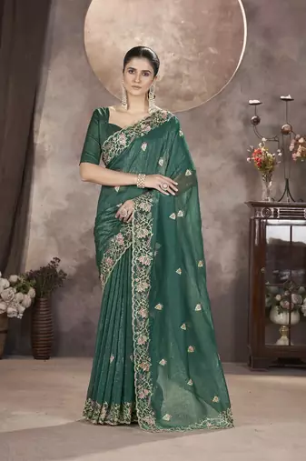  Green Color Gold Crunchy Embroidery work Saree