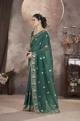  Green Color Gold Crunchy Embroidery work Saree
