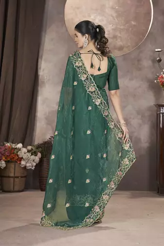  Green Color Gold Crunchy Embroidery work Saree