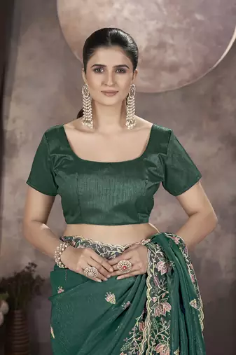  Green Color Gold Crunchy Embroidery work Saree