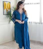 Blue embroidery silk a-line kurta set