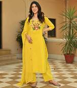 Yallow embroidery silk a-line kurta set