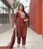 Brown embroidery silk a-line kurta set