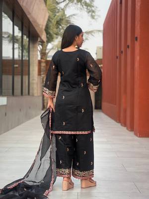 Black embroidery silk a-line kurta set 3