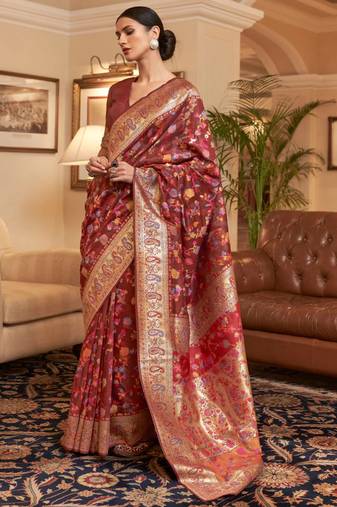 Crimson allure maroon woven jamewar kashmiri banarasi saree