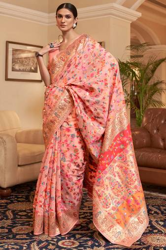 Peachy pink charm woven jamawar kashmiri banarasi saree