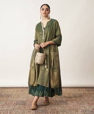 The bottle green silk tissue chanderi kalidaar ensemble 1