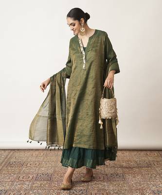 The bottle green silk tissue chanderi kalidaar ensemble 2