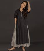 Black silk chanderi kurta with crushed grey silk chanderi kalidaar