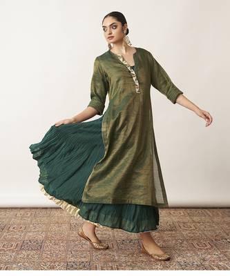 The bottle green silk tissue chanderi kalidaar ensemble 3