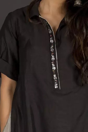 Black silk chanderi kurta with crushed grey silk chanderi kalidaar