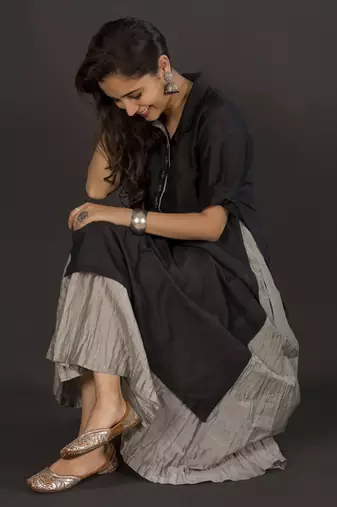 Black silk chanderi kurta with crushed grey silk chanderi kalidaar