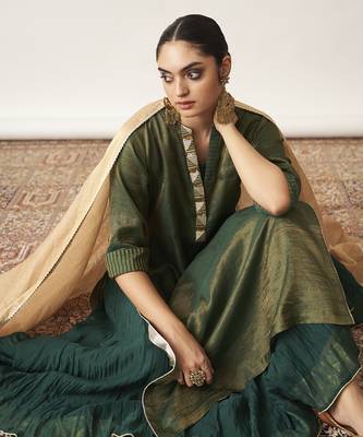 The bottle green silk tissue chanderi kalidaar ensemble 5
