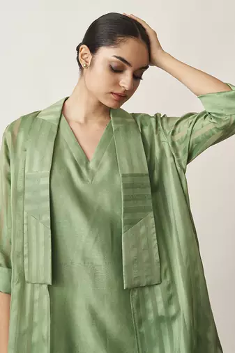 The pista green silk chanderi ensemble
