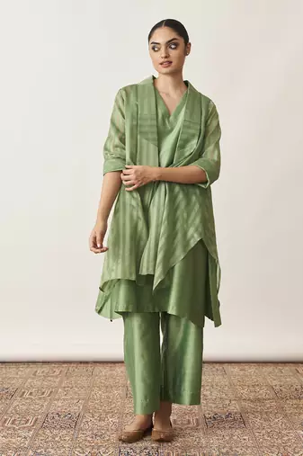 The pista green silk chanderi ensemble