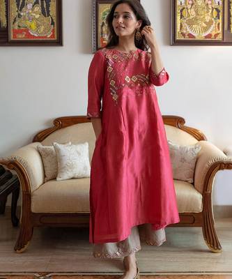 Apple red & ash grey silk chanderi gota patti & resham handwork ensemble 1