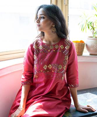 Apple red & ash grey silk chanderi gota patti & resham handwork ensemble 2
