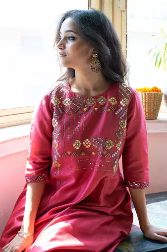 Apple red & ash grey silk chanderi gota patti & resham handwork ensemble